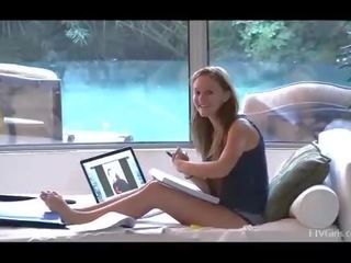 Summer terrific young blonde amateur posing and painting toenails