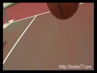 Attractive chica Juggs out on basketball court