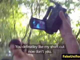 Brit beauty fucked by fake cop duo outdoors