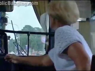 Crazy daring public bus sex video action in front of amazed passengers and strangers by a couple with a pretty lover and a guy with big member doing a blowjob and a vaginal intercourse in a local transportation